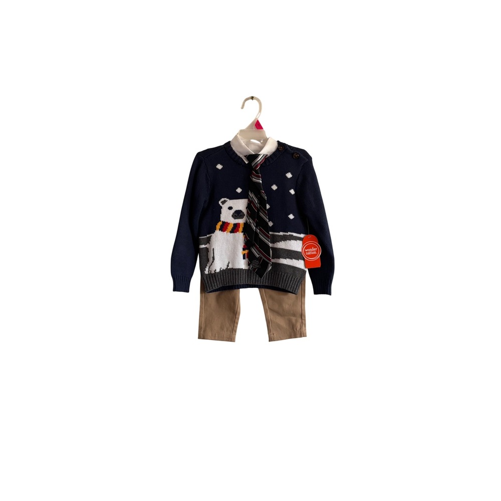 Wonder Nation Toddler Boys 4-Piece Polar Bear Sweater Shirt Tie Pants Set 18M